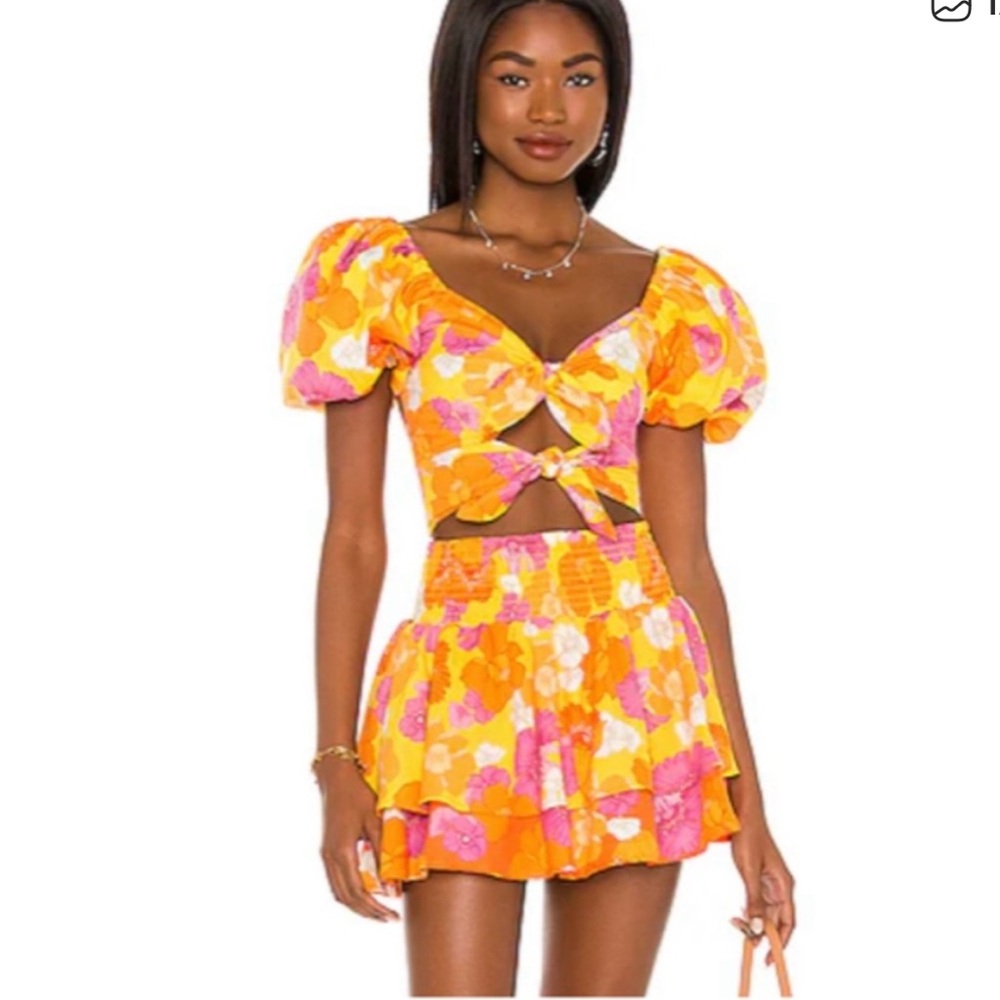 Agua Bendita Set 2Pc Bailee Crop Top Teresa Tiered Skirt Yellow Funky Blooms